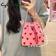 Cyflymder Pink Heart Embroidered Ladies Bucket Purse Handbags Fashion Love Women Messenger Bag