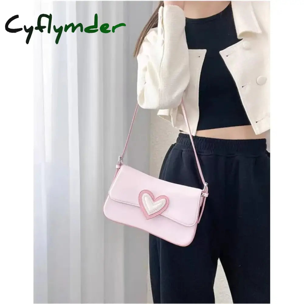 Cyflymder Pink Heart Women’s Shoulder Bags Small Square Flap Underarm Bag Fashion Love Ladies