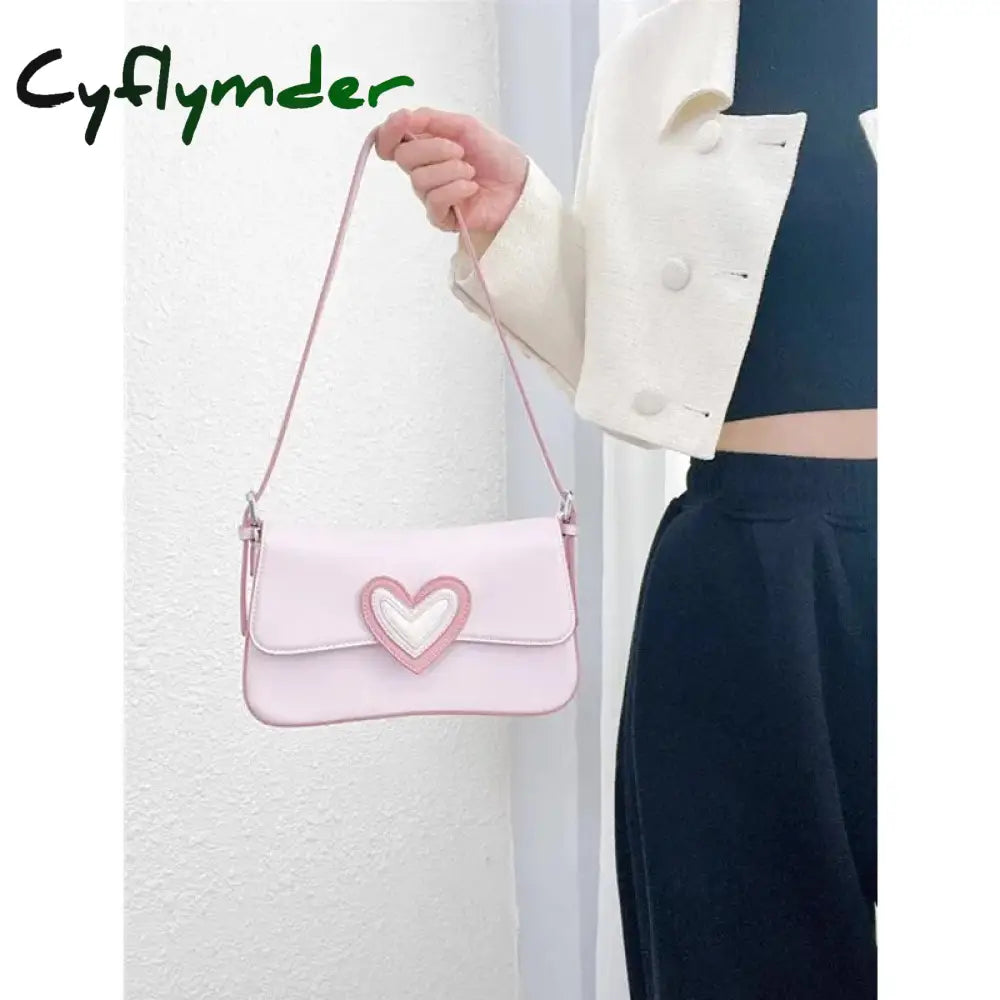 Cyflymder Pink Heart Women’s Shoulder Bags Small Square Flap Underarm Bag Fashion Love Ladies