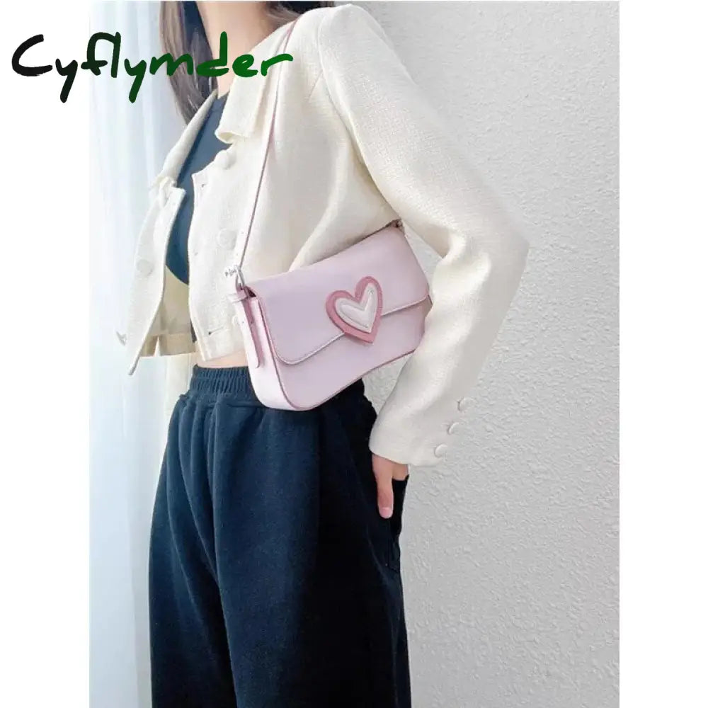 Cyflymder Pink Heart Women’s Shoulder Bags Small Square Flap Underarm Bag Fashion Love Ladies