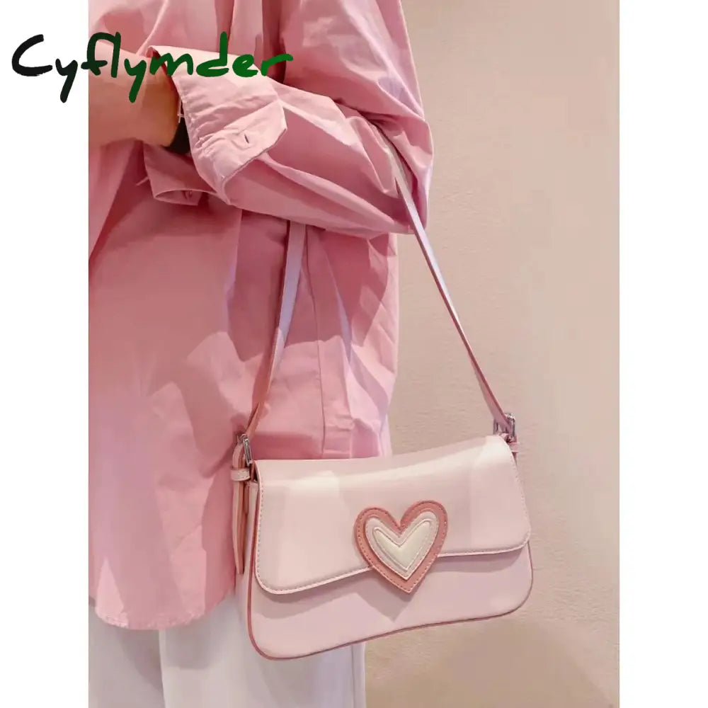 Cyflymder Pink Heart Women’s Shoulder Bags Small Square Flap Underarm Bag Fashion Love Ladies