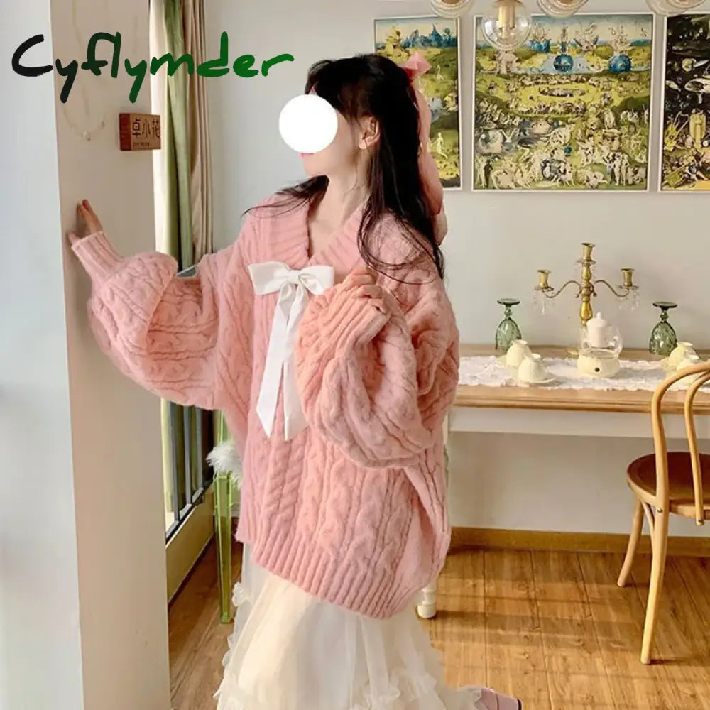 Cyflymder Pink Kawaii Oversize Knitwear Sweaters Women Sweet Cute Big Bow Pullovers Autumn Winter Keep Warm Lantern