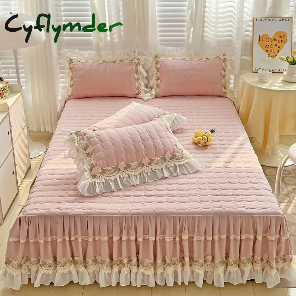 Cyflymder Pink Korean Princess Style Bedding Set Flowers Lace Ruffles Embroidery Quilted Thick Duvet Cover Bedspread