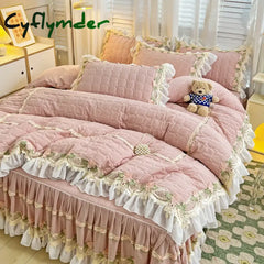 Cyflymder Pink Korean Princess Style Bedding Set Flowers Lace Ruffles Embroidery Quilted Thick Duvet Cover Bedspread