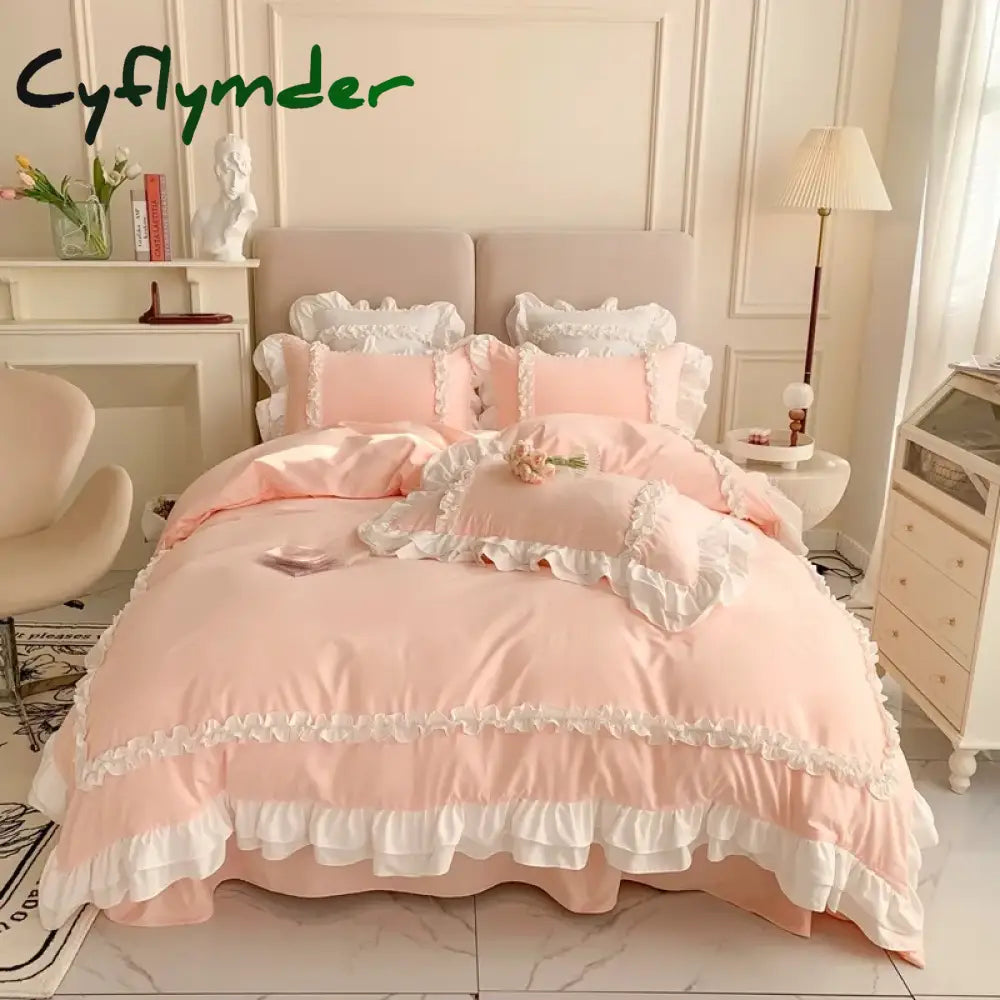 Cyflymder Pink Lace Bedspread Bedding Set King Size Luxury Princess Duvet Cover Bed Sheet Girls Gift Bedclothes Cotton