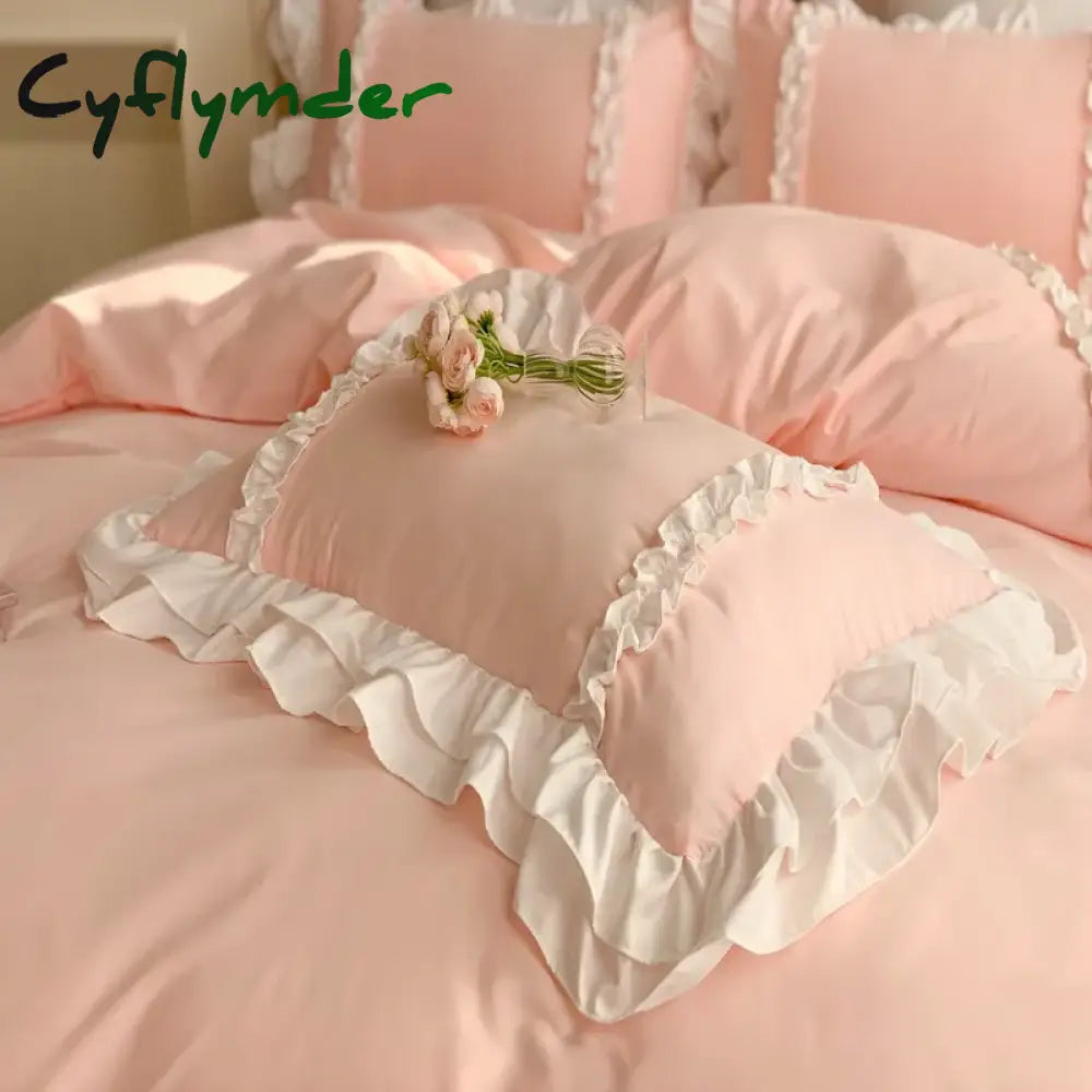 Cyflymder Pink Lace Bedspread Bedding Set King Size Luxury Princess Duvet Cover Bed Sheet Girls Gift Bedclothes Cotton