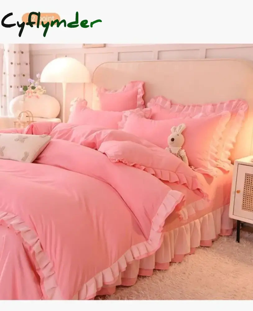 Cyflymder Pink Princess Girls Ruffle Lace Bedding Sets Luxury Quilt Cover Bed Sheet and Pillowcases Soft Bedclothes