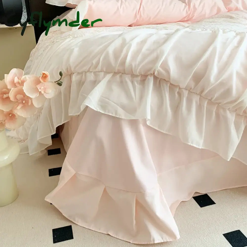 Cyflymder Pink Romantic French Princess Bedding Set Soft Cozy Queen Size Pleat Lace Ruffles Duvet Cover Set Bed Sheet