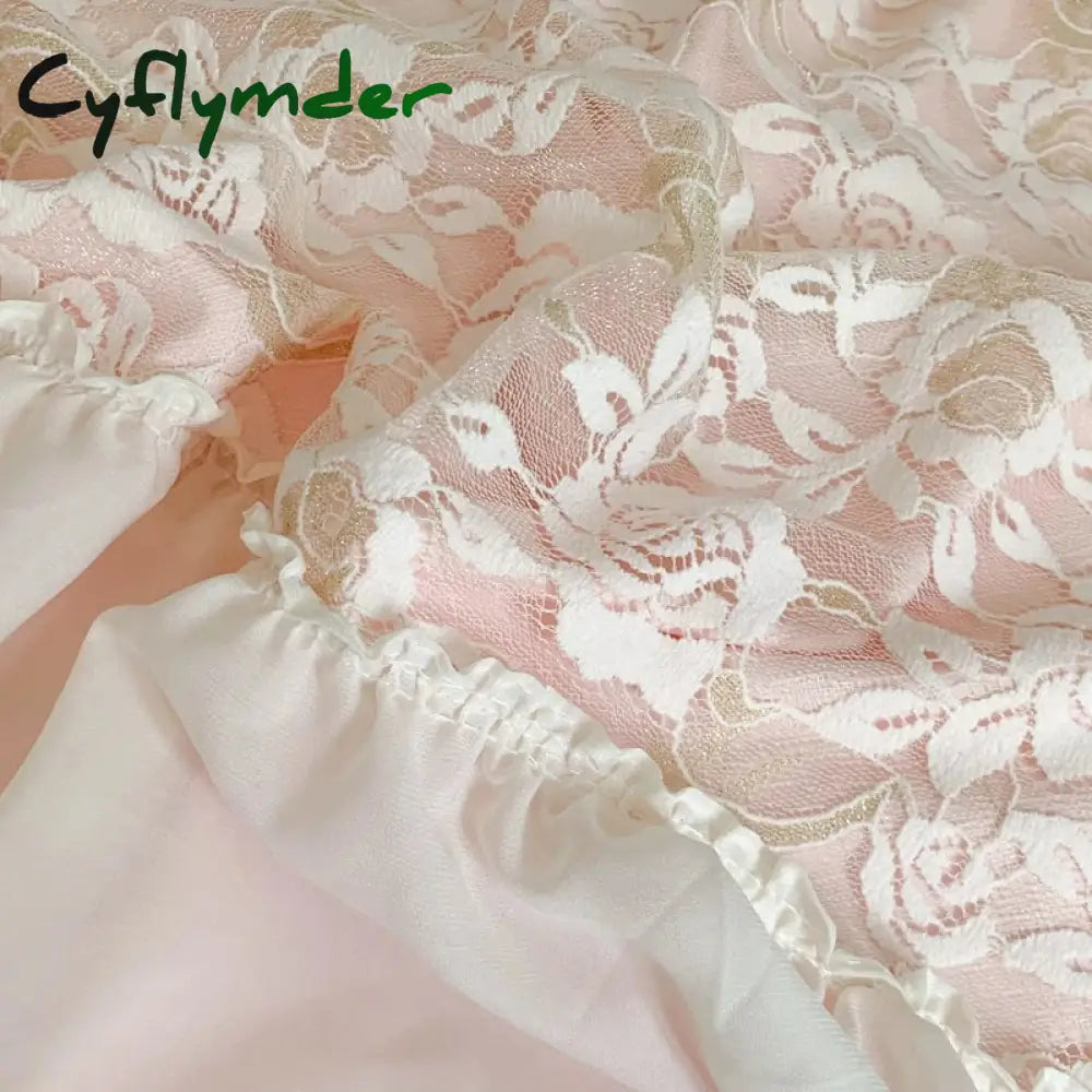 Cyflymder Pink Romantic French Princess Bedding Set Soft Cozy Queen Size Pleat Lace Ruffles Duvet Cover Set Bed Sheet