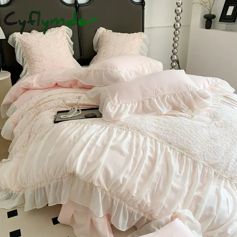 Cyflymder Pink Romantic French Princess Bedding Set Soft Cozy Queen Size Pleat Lace Ruffles Duvet Cover Set Bed Sheet
