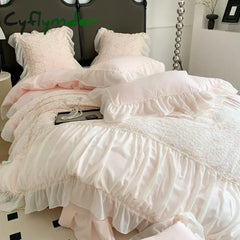 Cyflymder Pink Romantic French Princess Bedding Set Soft Cozy Queen Size Pleat Lace Ruffles Duvet Cover Set Bed Sheet