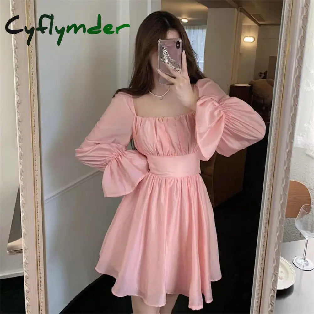 Cyflymder Pink Sweet Elegant Princess Dress Women Casual Korean Slim Long Sleeve Fairy Female