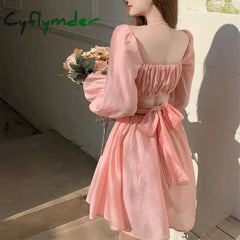 Cyflymder Pink Sweet Elegant Princess Dress Women Casual Korean Slim Long Sleeve Fairy Female