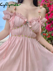 Cyflymder Pink Sweet Strap Dress Summer Women Elegant V-Neck Bow Floral Fairy Party Dresses Female