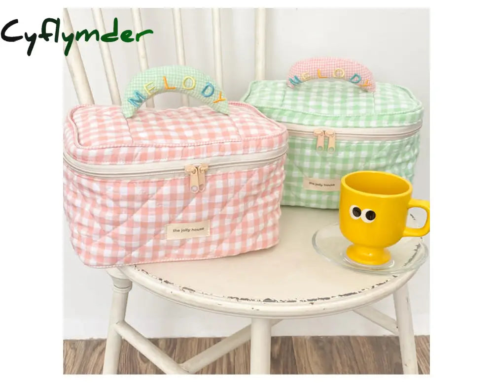 Cyflymder Plaid Pattern Toiletries Case Flip Makeup Bag With Zipper Quilted Cotton Cosmetics