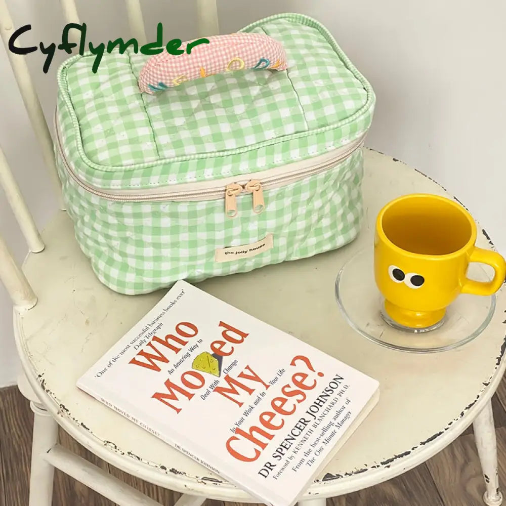 Cyflymder Plaid Pattern Toiletries Case Flip Makeup Bag With Zipper Quilted Cotton Cosmetics