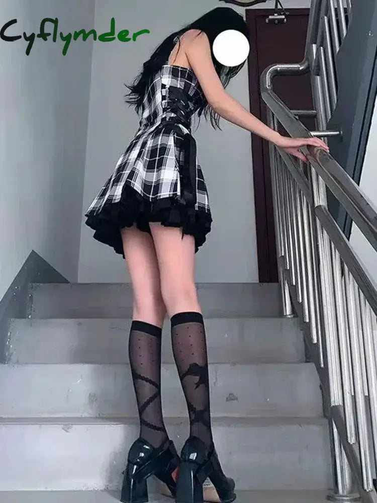 Cyflymder Plaid Print Kawaii Lolita Mini Dress Fairy Grunge Set Cosplay Gothic Y2K Sweet Aesthetic