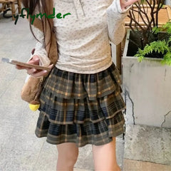 Cyflymder Plaid Ruffle Mini Skirt Women Kawaii Japanese Style Harajuku Vintage Short Skirts Cutecore Street Pleated