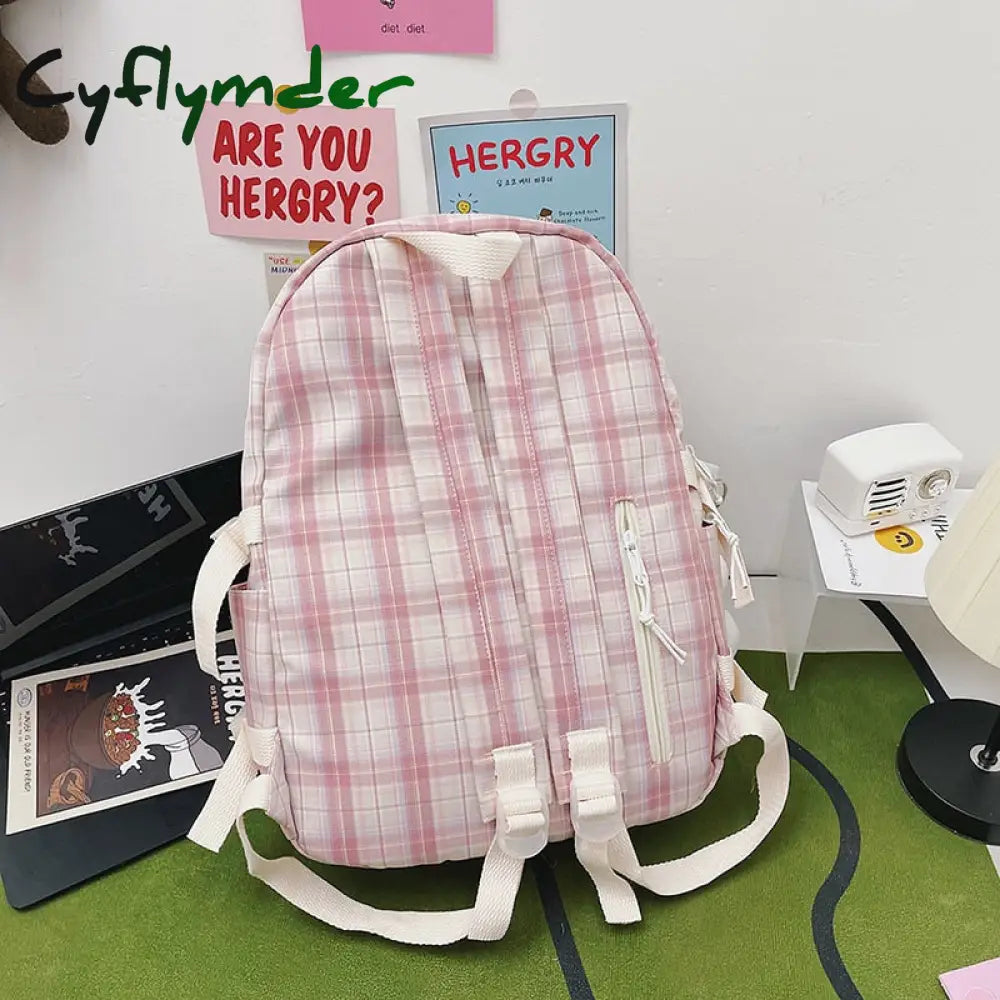 Cyflymder Plaid Transparent Pvc Kawaii Contrast Color Girls College Leisure Backpack Large Nylon