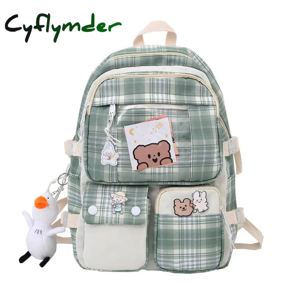 Cyflymder Plaid Transparent Pvc Kawaii Contrast Color Girls College Leisure Backpack Large Nylon