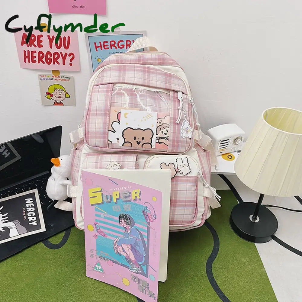 Cyflymder Plaid Transparent Pvc Kawaii Contrast Color Girls College Leisure Backpack Large Nylon