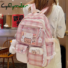 Cyflymder Plaid Transparent Pvc Kawaii Contrast Color Girls College Leisure Backpack Large Nylon