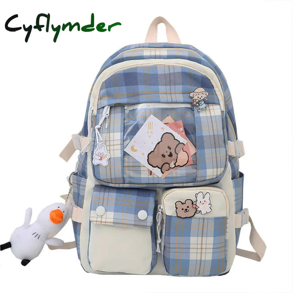 Cyflymder Plaid Transparent Pvc Kawaii Contrast Color Girls College Leisure Backpack Large Nylon