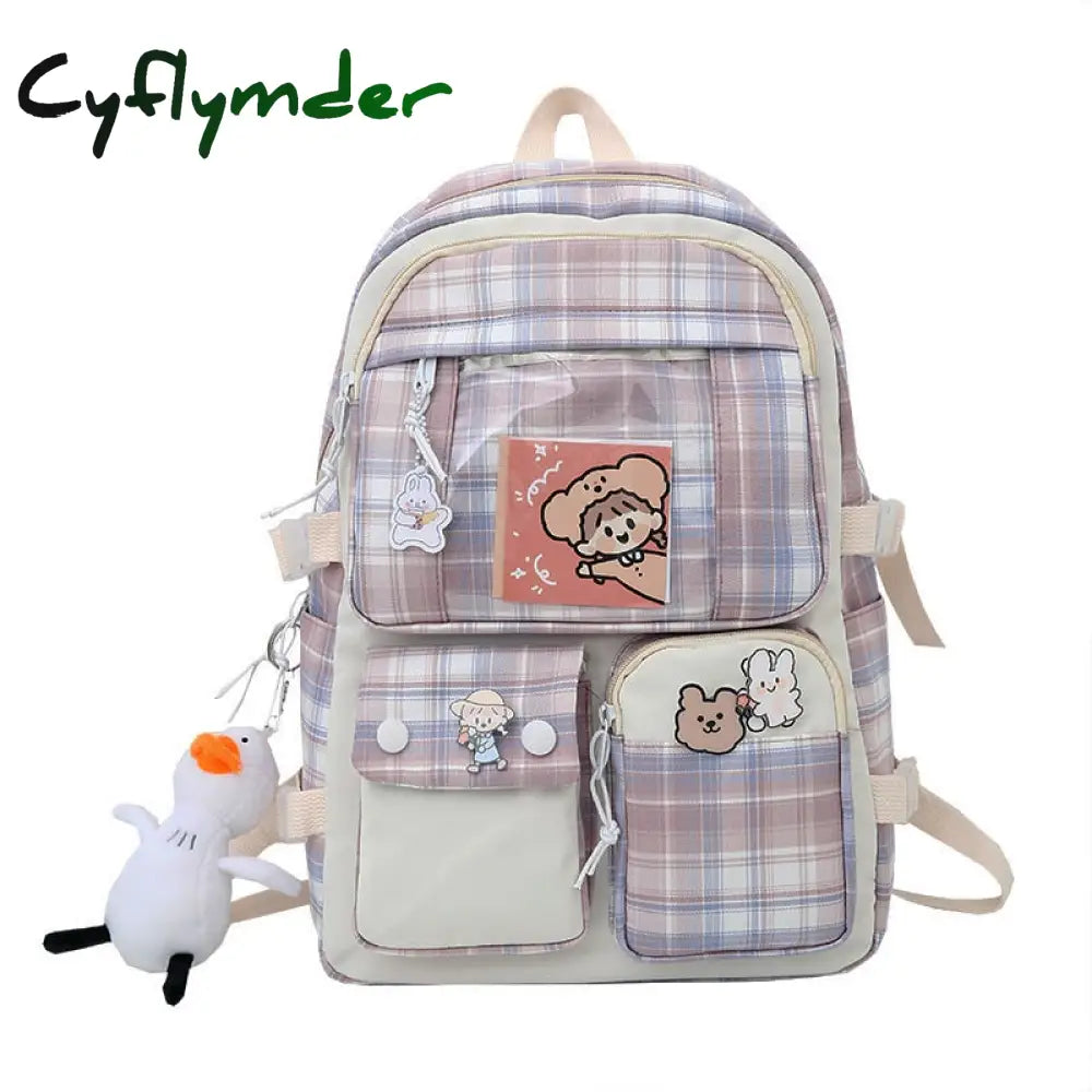 Cyflymder Plaid Transparent Pvc Kawaii Contrast Color Girls College Leisure Backpack Large Nylon