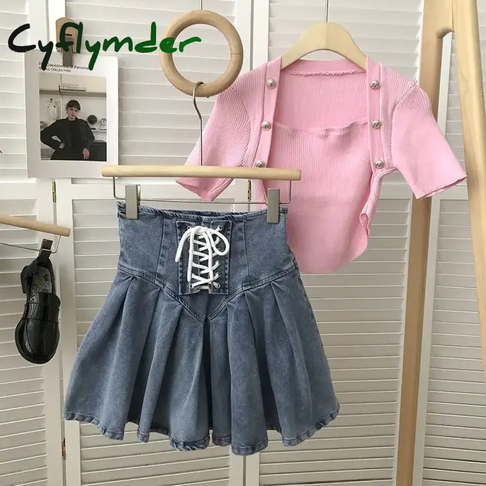 Cyflymder Pleated Denim Skirts Women Bandage Hotsweet Mini Vintage New Arrivals Y2K Fashion