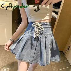 Cyflymder Pleated Denim Skirts Women Bandage Hotsweet Mini Vintage New Arrivals Y2K Fashion