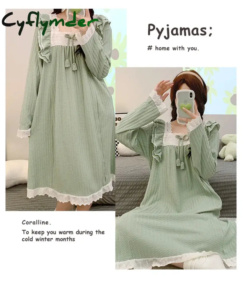 Cyflymder Plus Size Maternity Nightgown Sweet Lace Patchwork Ruffles Long Sleeve Square Collar