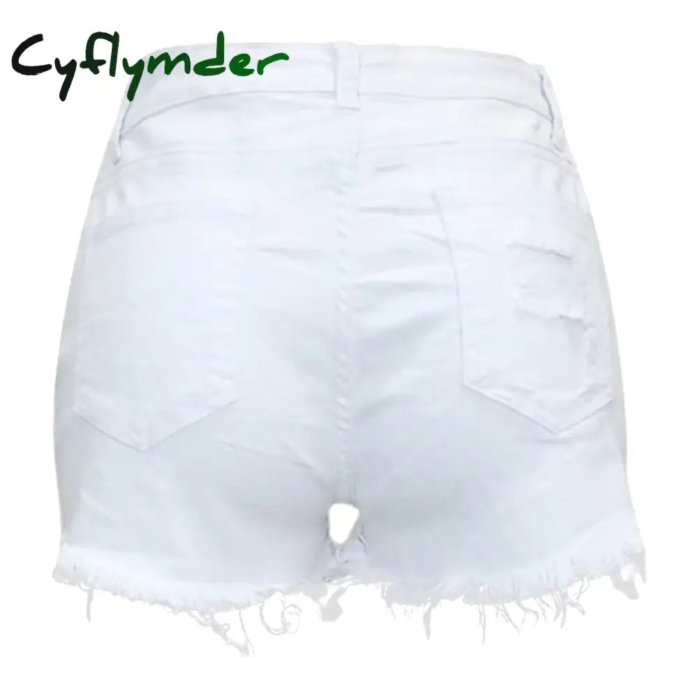 Cyflymder Plus Size Summer Denim Shorts Women Mid Waist Ripped Frayed Hem Tessles Stretchy Jean