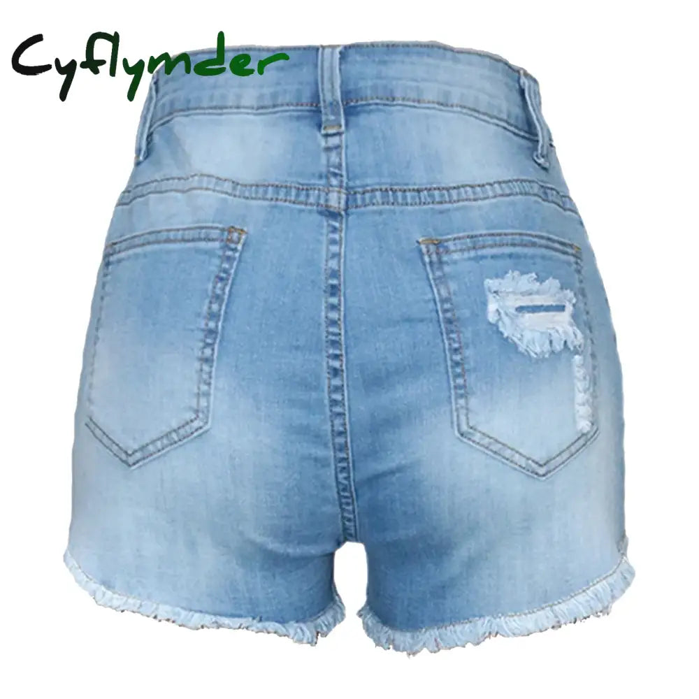 Cyflymder Plus Size Summer Denim Shorts Women Mid Waist Ripped Frayed Hem Tessles Stretchy Jean