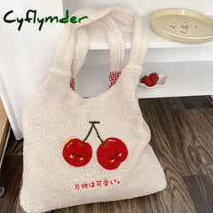 Cyflymder Plush Tote Bag Shopper Handbag For Women Autumn Winter Girls Casual Cute Cherry