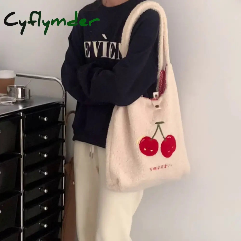 Cyflymder Plush Tote Bag Shopper Handbag For Women Autumn Winter Girls Casual Cute Cherry