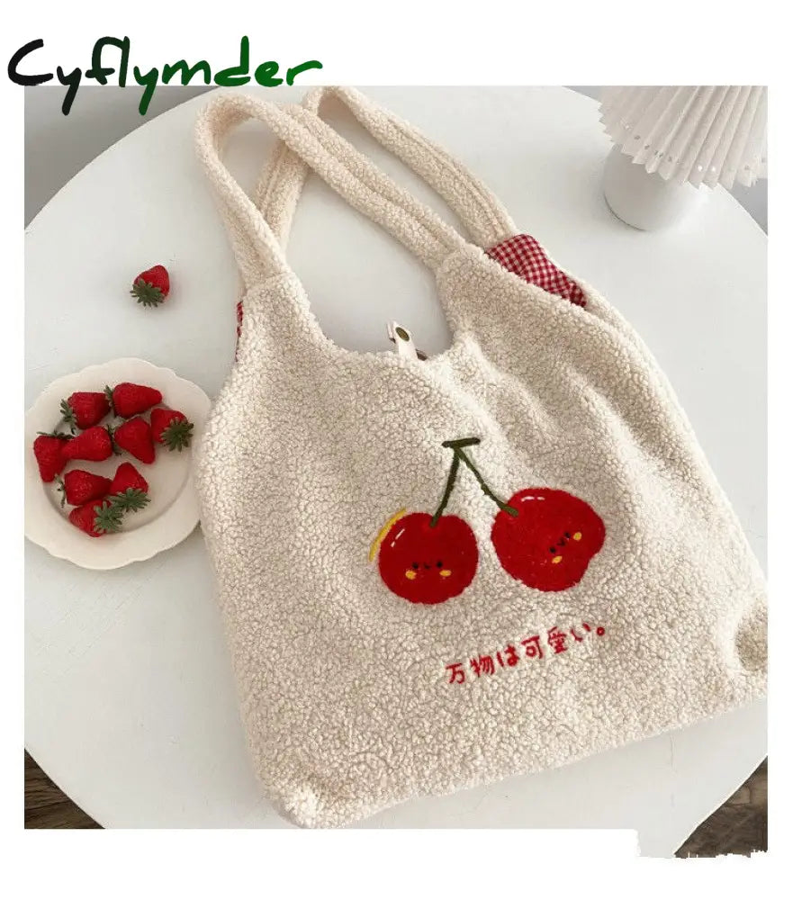 Cyflymder Plush Tote Bag Shopper Handbag For Women Autumn Winter Girls Casual Cute Cherry