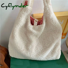 Cyflymder Plush Tote Bag Shopper Handbag For Women Autumn Winter Girls Casual Cute Cherry