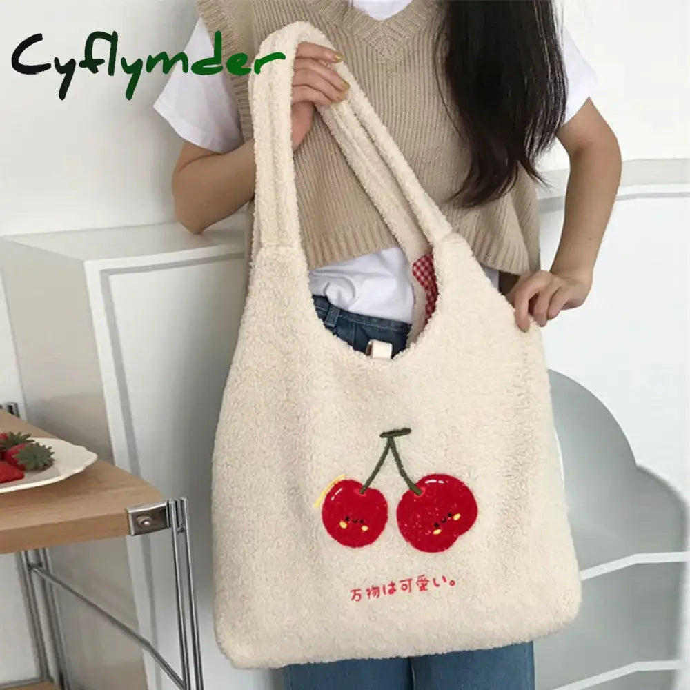 Cyflymder Plush Tote Bag Shopper Handbag For Women Autumn Winter Girls Casual Cute Cherry