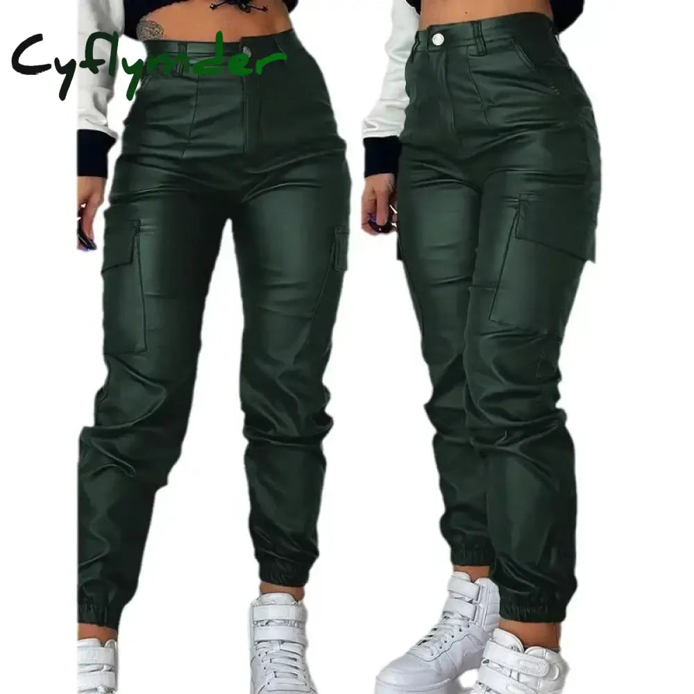 Cyflymder Pocket Design Cuffed PU Leather Pants Women Black Solid Color Ankle Length Cargo Safari Pants Trousers