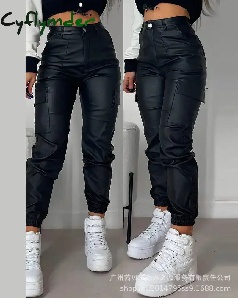 Cyflymder Pocket Design Cuffed PU Leather Pants Women Black Solid Color Ankle Length Cargo Safari Pants Trousers