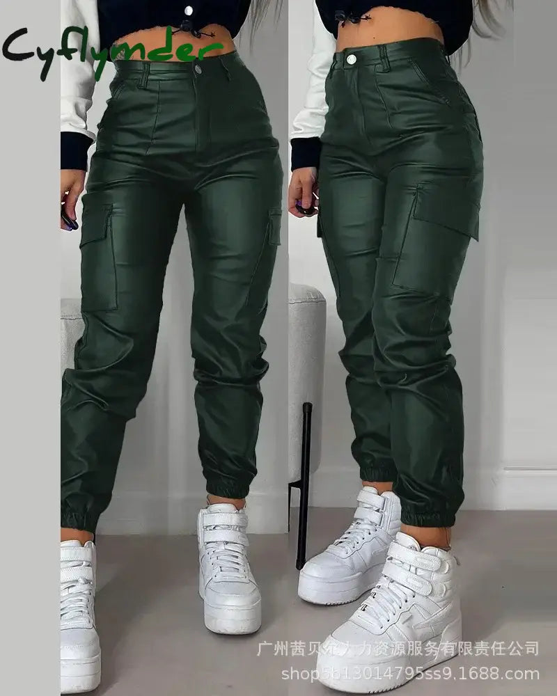 Cyflymder Pocket Design Cuffed PU Leather Pants Women Black Solid Color Ankle Length Cargo Safari Pants Trousers