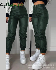 Cyflymder Pocket Design Cuffed PU Leather Pants Women Black Solid Color Ankle Length Cargo Safari Pants Trousers