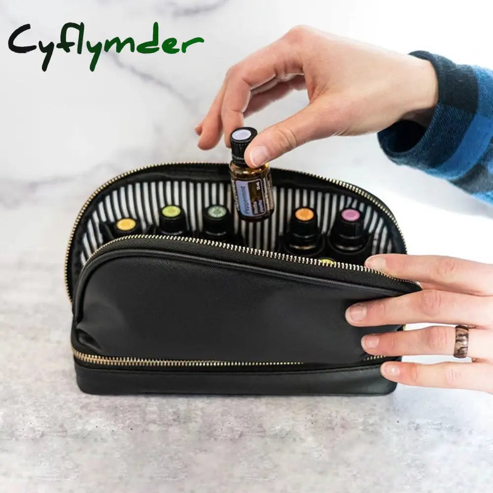 Cyflymder Portable Essential Oil Bag Cosmetic Multi-Compartment Double Layer Pu Leather Sample