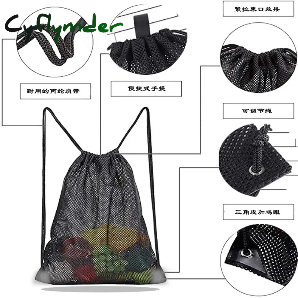 Cyflymder Portable Supermarket Fruit And Vegetable Drawstring Strap Pocket Beach Cloth Mesh Storage