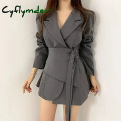 Cyflymder Premium Spring Double Belt Black Suit Coat Women Thin Irregular Fake Two Piece Waist Slimming A-line Short