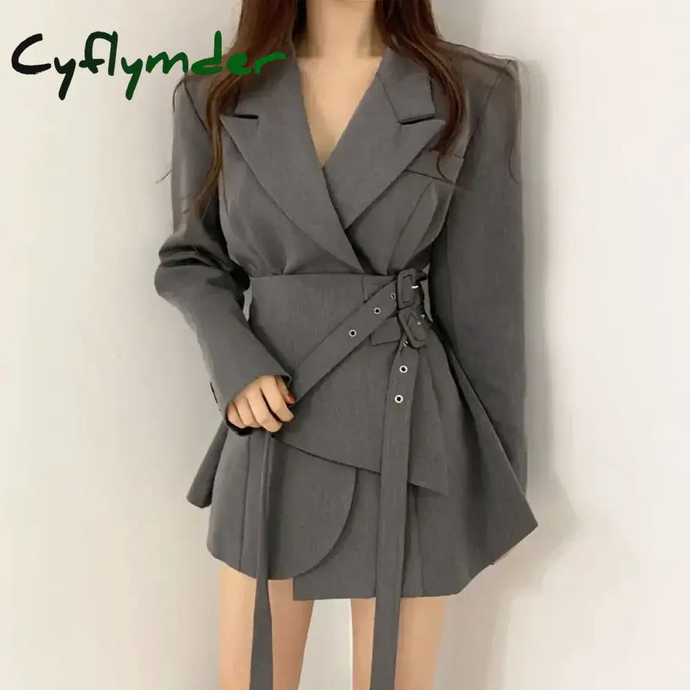 Cyflymder Premium Spring Double Belt Black Suit Coat Women Thin Irregular Fake Two Piece Waist Slimming A-line Short