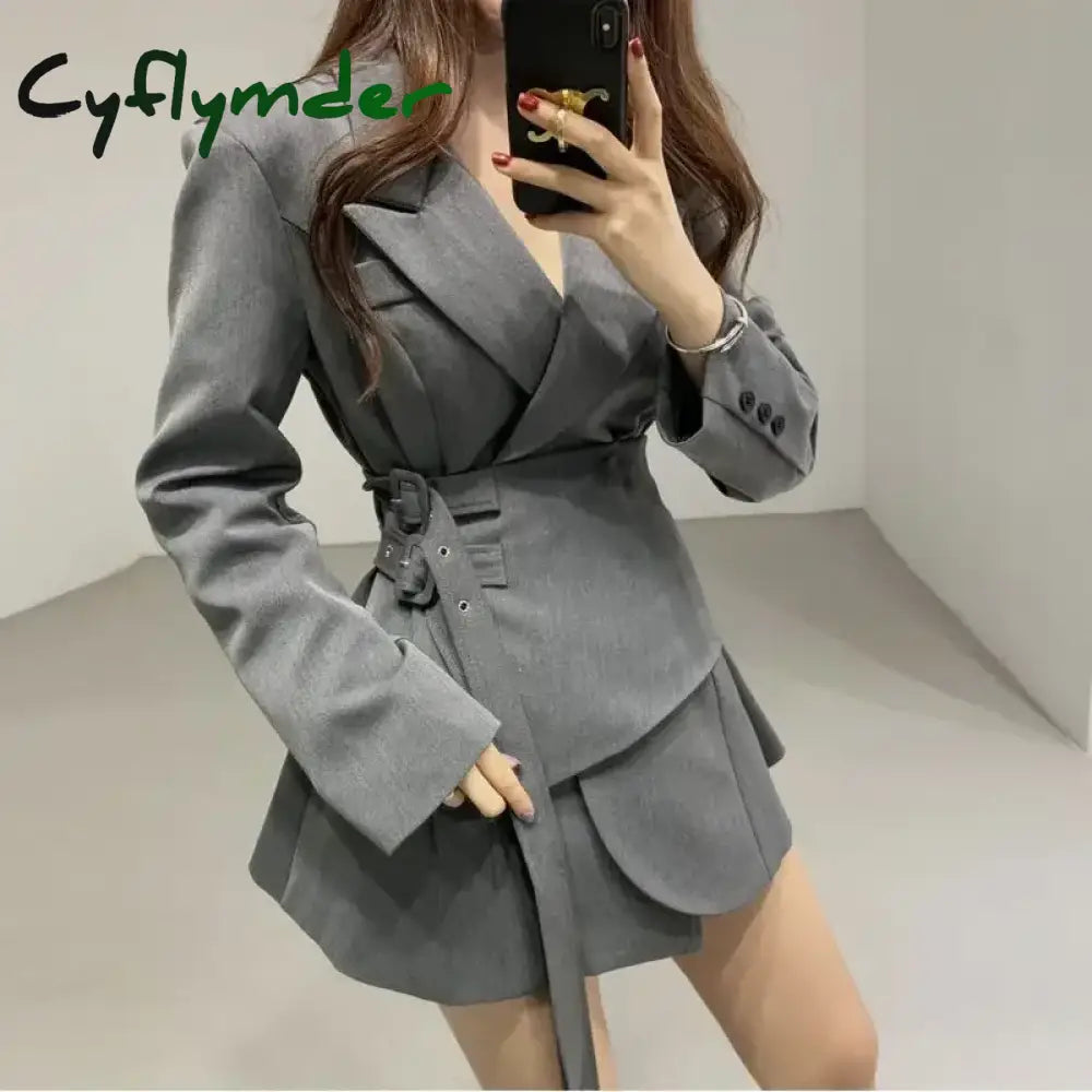 Cyflymder Premium Spring Double Belt Black Suit Coat Women Thin Irregular Fake Two Piece Waist Slimming A-line Short