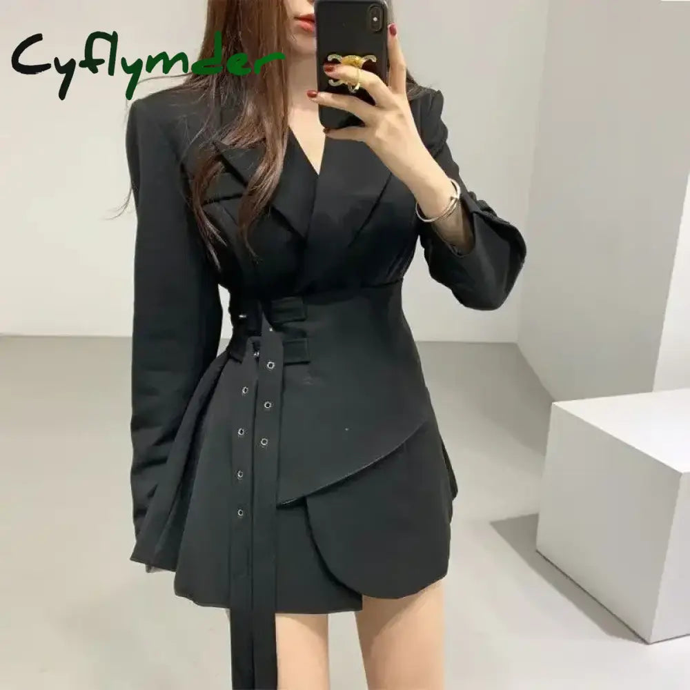 Cyflymder Premium Spring Double Belt Black Suit Coat Women Thin Irregular Fake Two Piece Waist Slimming A-line Short