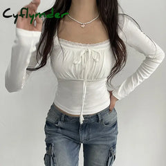 Cyflymder Preppy Cute Lace Trim Ruched Tie Up T-Shirt Fairycore Vintage Grunge Long Sleeve Tees