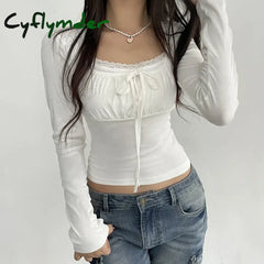 Cyflymder Preppy Cute Lace Trim Ruched Tie Up T-Shirt Fairycore Vintage Grunge Long Sleeve Tees